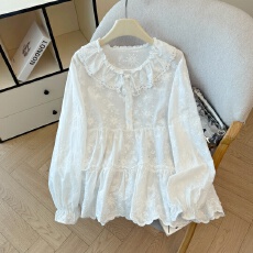 批发春新款韩系荷叶边娃娃领上衣刺绣小衫宽松显瘦衬衣长袖百搭女衬衫