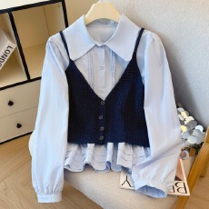 批发2025秋季新款韩版时尚翻领长袖<b class='q'>衬衫</b>针织吊带减龄甜美上衣女两件套