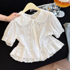 批发2026夏季新款韩系甜美泡泡短袖衬衫女上衣减龄<b class='q'>娃娃领</b>绣花镂空小衫