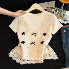 批发2026春夏新款蝴蝶结镂空蕾丝<b class='q'>马甲女</b>短袖T恤高级感重工两件套装
