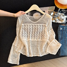 批发复古镂空钩花长袖针织衫女2026春夏新款薄款<b class='q'>罩衫</b>防晒宽松洋气上衣