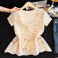 批发实拍2026夏季新款韩版时尚百搭显瘦<b class='q'>蕾丝拼接</b>系带假两件T恤女上衣