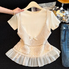 批发实拍 2026年<b class='q'>蕾丝拼接</b>吊带背心女夏新款百搭叠穿短袖T恤两件套装