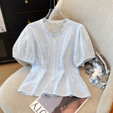 批发法式小个子宽松显瘦短袖衬衫女2026夏季薄款<b class='q'>蕾丝</b>钩花镂空<b class='q'>娃娃衫</b>潮