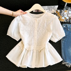 批发法式气质镂空刺绣短袖衬衫女夏季2026<b class='q'>新款</b>收腰显瘦荷叶边小衫上衣