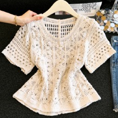 批发2026夏<b class='q'>新款</b>钉珠亮片钩花镂空短袖法式小香风短款针织T恤上衣女