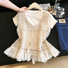 批发叠穿上衣套装女夏季网纱拼接钩花镂空针织背心圆领短袖T恤两件套