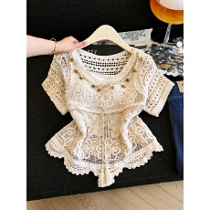 批发2026夏季新款钩花<b class='q'>镂空</b>重工珠片刺绣蕾丝百搭短袖上衣女