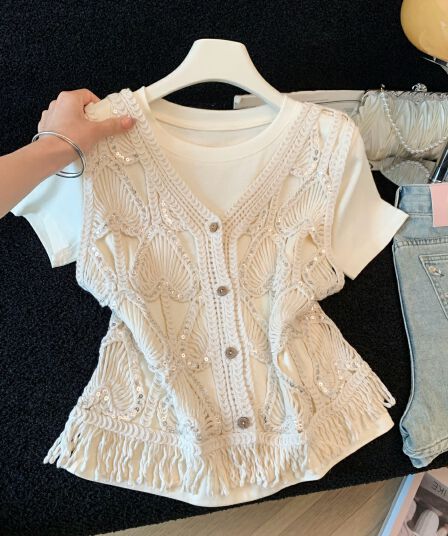 2026 새로운 무거운 작업 디자인 자수 술 홀로우 아웃 V넥 니트 베스트 스택 착용 반팔 티셔츠 여성 투피스 슈트