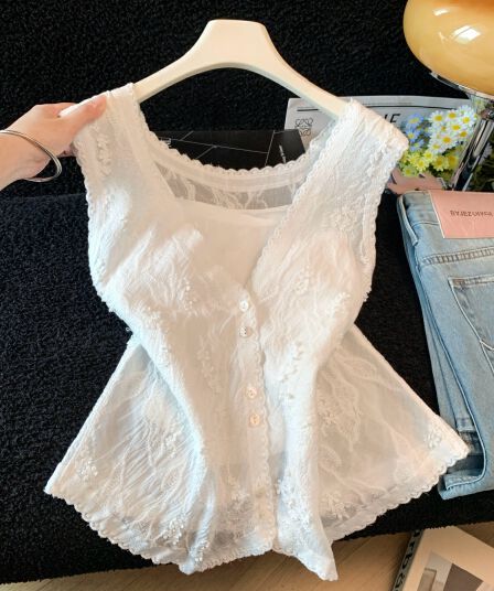 조수 브랜드 프랑스식 니트 홀로우 아웃 V넥 오픈 가디건 조끼 여성 단추 디자인 민소매 인사이드 가져 가라. 레이스 맨위 외출용