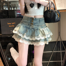 批发实拍2026美式纯欲风辣妹设计感弹力牛仔蛋糕百褶<b class='q'>半身裙</b> 裤裙