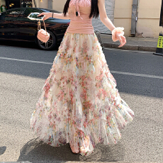 批发重工拼接印花网纱蛋糕裙半身裙女新款显瘦裙子长裙半裙伞裙四季款