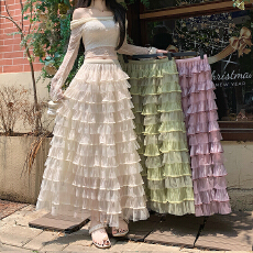 批发重工拼接印花网纱蛋糕裙半身裙女夏季新款显瘦裙子长裙半裙伞裙