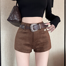 批发实拍2026高级感纯欲风小个子 辣妹鹿皮绒 靴裤阔腿短裤配皮带