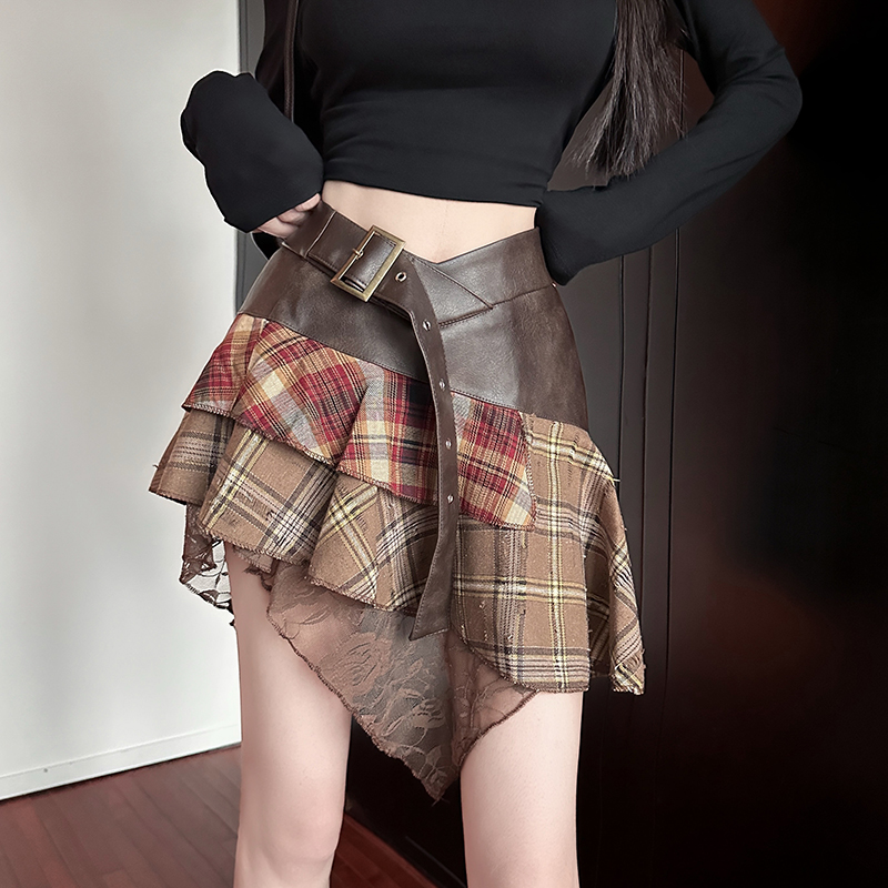 MY12904# 新款辣妹潮流百搭拼接蕾丝格子PU皮裙 半身裙女裝貨源服裝...