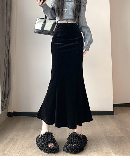 고급 벨벳 부드러운 바닥 프로 피부 플러스 두꺼운 원단 반신 타이트 스커트 인어 꼬리 롱 스커트 허리밴드 가을 겨울 중간 길이 스커트