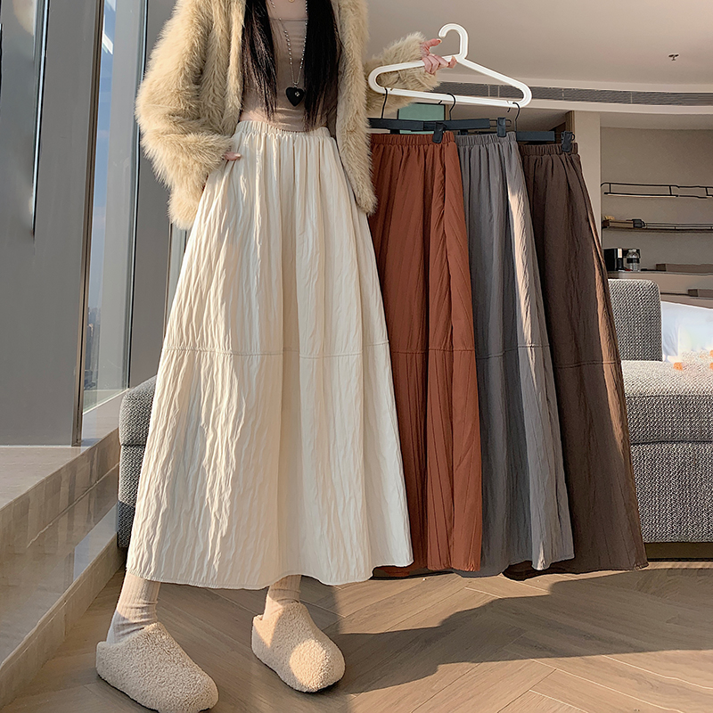 MY14284# 新款绗线潮流半身裙高腰显瘦拼接褶皱中长款A字花苞伞裙女裝...