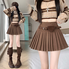 批发实拍2025新版甜辣风百搭重工修身高腰毛呢百褶裙<b class='q'>半身裙</b> 配送腰带