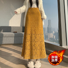 批发2025秋冬显瘦百搭中长款半身裙植绒蕾丝花边加绒遮胯鱼尾裙