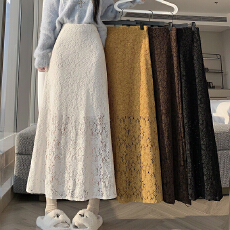 批发2025秋冬显瘦百搭中长款半身裙植绒蕾丝花边加绒遮胯鱼尾裙