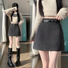 批发<b class='q'>实拍</b>2025新版红甜辣风百搭修身高腰羊绒毛呢A字裙 半身裙 女