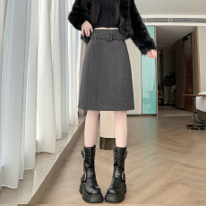 批发实拍2025新版红甜辣风百搭修身高腰羊绒毛呢中长A字裙 半身裙 女