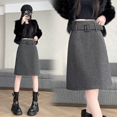 批发实拍2025新版红甜辣风百搭修身高腰羊绒毛呢中长A字裙 半身裙 女