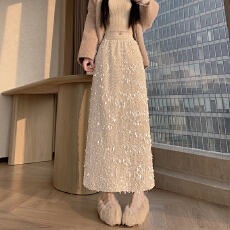 批发小香风珠片丝绒软底亲肤半身包臀长裙松紧腰秋<b class='q'>冬</b>重工珠片开叉长裙