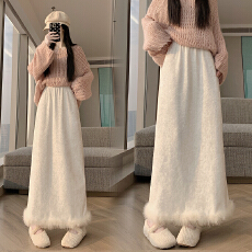 实拍2025网红 高级丝绒亲肤拼接真毛毛加绒包臀长裙松紧腰中长裙