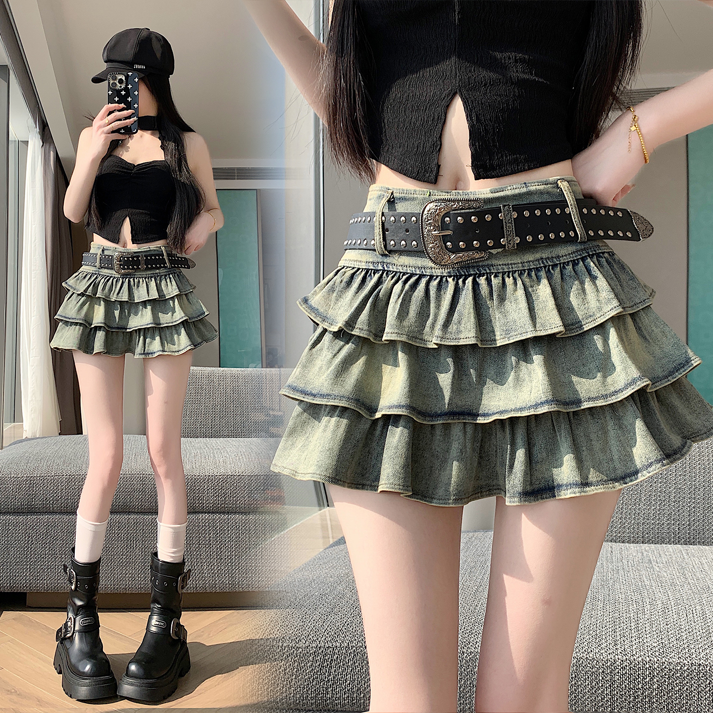 실사 2026 아메리칸 순수한 욕망 바람 핫걸 디자인 센스 신축성 데님 케이크 플리츠 반신 스커트 바지