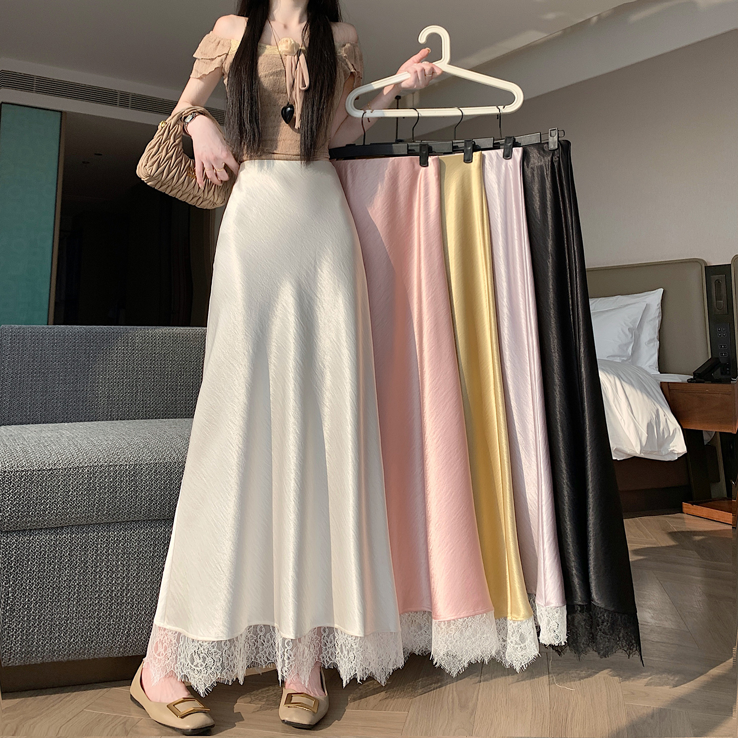 실사 2026 새로운 고급 아세트산 단조 얼굴 패치워크 레이스 프로 피부 타이트 스커트 인어 꼬리 롱 스커트 허리밴드 중간 길이 스커트