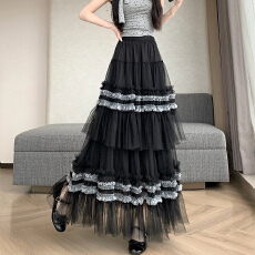 批发重工拼接印花网纱蛋糕裙半身裙女新款显瘦裙子长裙半裙伞裙四季款
