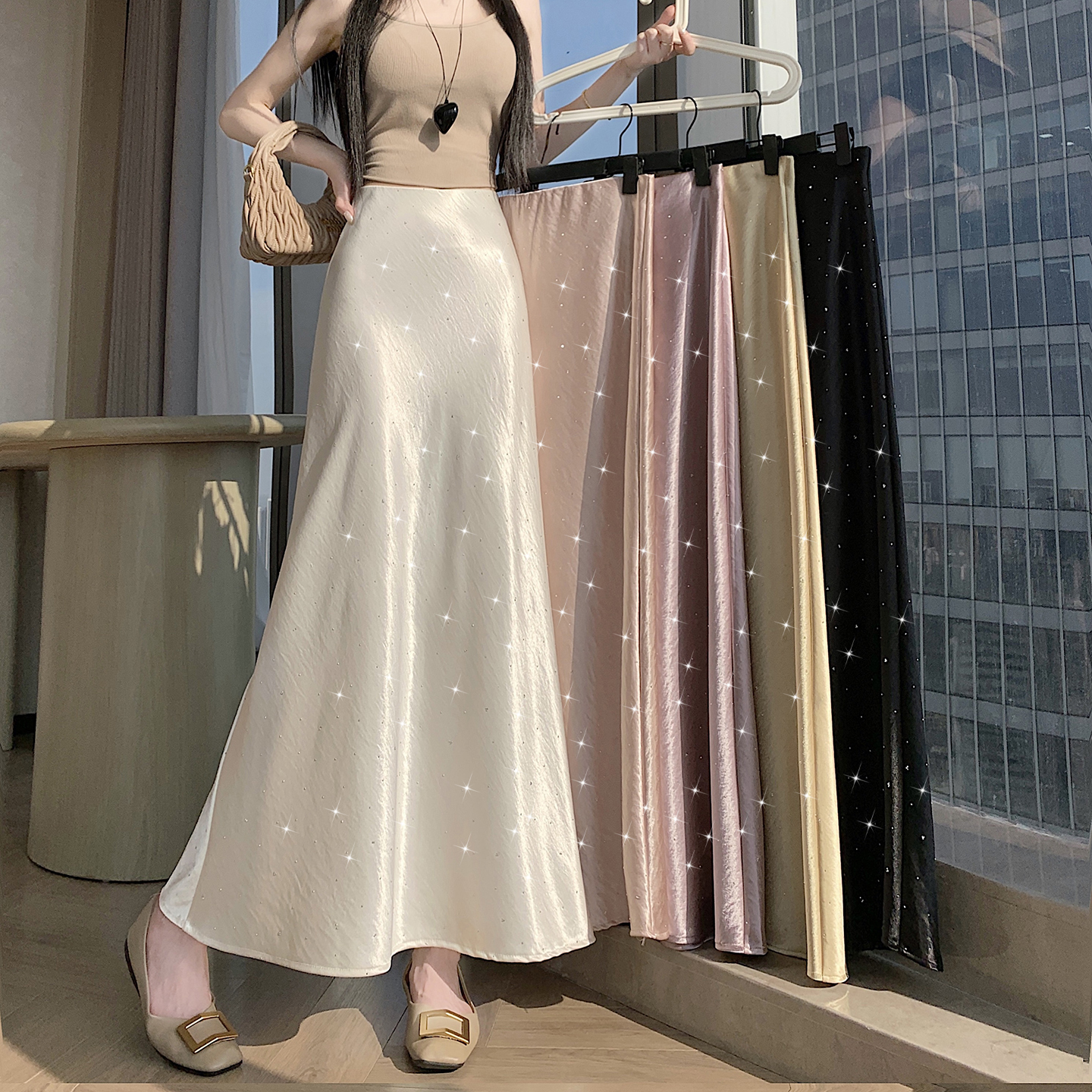 실사 2026 새로운 고급 아세트산 단조 얼굴 핫픽스 프로 피부 타이트 스커트 인어 꼬리 롱 스커트 허리밴드 중간 길이 스커트