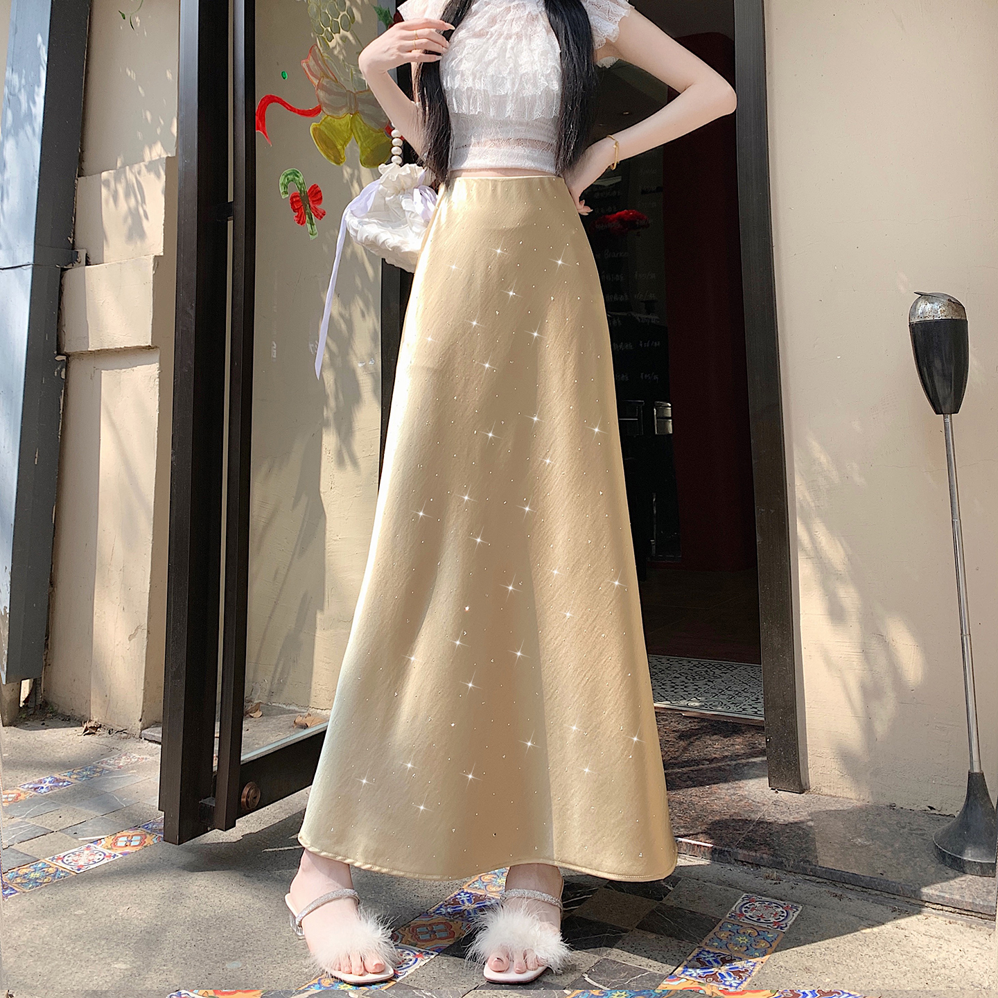 실사 2026 새로운 고급 아세트산 단조 얼굴 핫픽스 프로 피부 타이트 스커트 인어 꼬리 롱 스커트 허리밴드 중간 길이 스커트