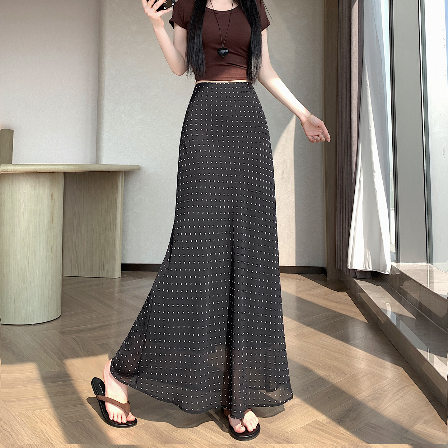 실사 2026 새로운 고급 쉬폰 프로 피부 도트 무늬 반신 타이트 스커트 인어 꼬리 스커트 허리밴드 한 마디 중간 스커트