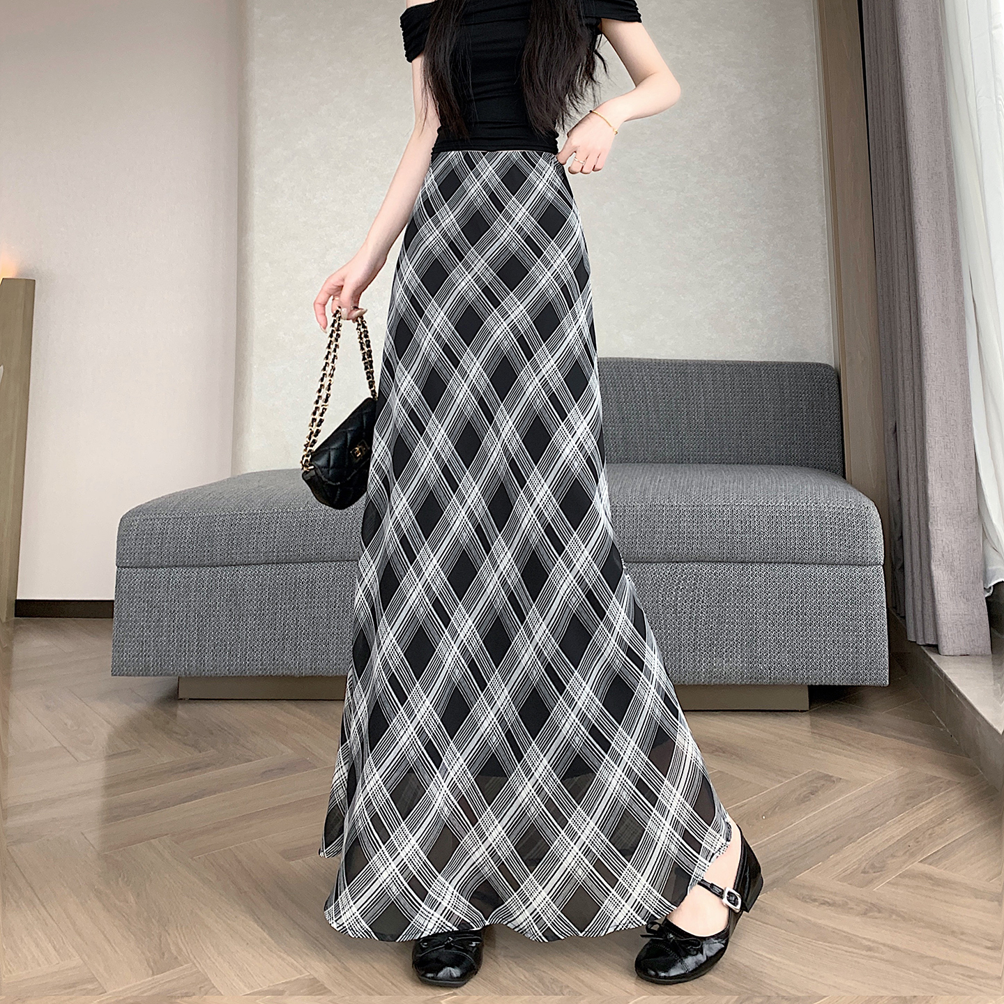 실사 2026 새로운 고급 쉬폰 프로 피부 도트 무늬 반신 타이트 스커트 인어 꼬리 스커트 허리밴드 한 마디 중간 스커트