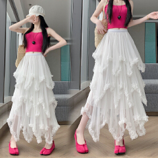 批发实拍 不规则网纱<b class='q'>半身裙</b>女2026春季新款高腰木耳边中长款a字蛋糕裙