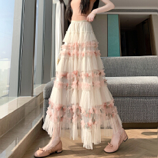 批发重工拼接印花网纱蛋糕裙<b class='q'>半身裙</b>女新款显瘦裙子长裙半裙伞裙四季款