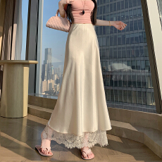批发气质高端<b class='q'>蕾丝</b>拼接缎面侧开叉半身裙女2026春季新款显瘦高级感裙子