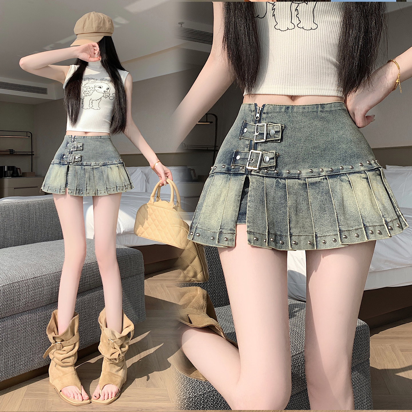 실사 2026 아메리칸 순수한 욕망 바람 핫걸 디자인 센스 신축성 데님 플리츠 반신 스커트 바지