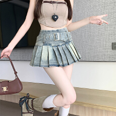 批发实拍2026美式纯欲风辣妹设计感弹力牛仔百褶半身裙 <b class='q'>裤</b>裙