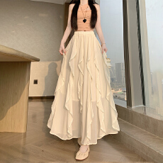 批发实拍2026新款法式不规则荷叶边女蕾丝拼接花瓣裙雪纺中长半身裙