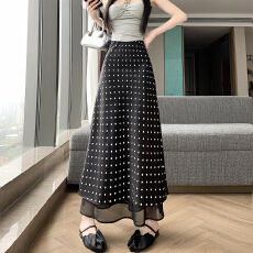 批发气质高端拼接波点缎面侧开叉半身裙女2026新款显瘦高级感中长裙子