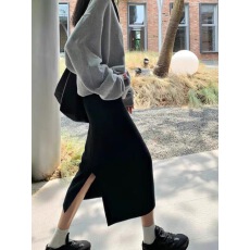 批发韩式开叉黑色针织半身裙女<b class='q'>春</b>秋中长款包臀一步裙毛线高腰a字裙子