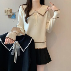 批发法式甜美娃娃领长袖针织衫女2025秋冬胖mm显瘦百搭蝴蝶结系带上衣