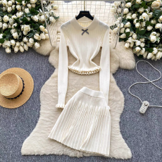 批发小香风穿搭两件套女秋冬时尚蝴蝶结收腰长袖针织上衣+高腰半身裙