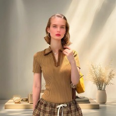 批发欧美风早秋款学院风复古半拉链拼接polo领<b class='q'>修身</b>显瘦短袖针织上衣女