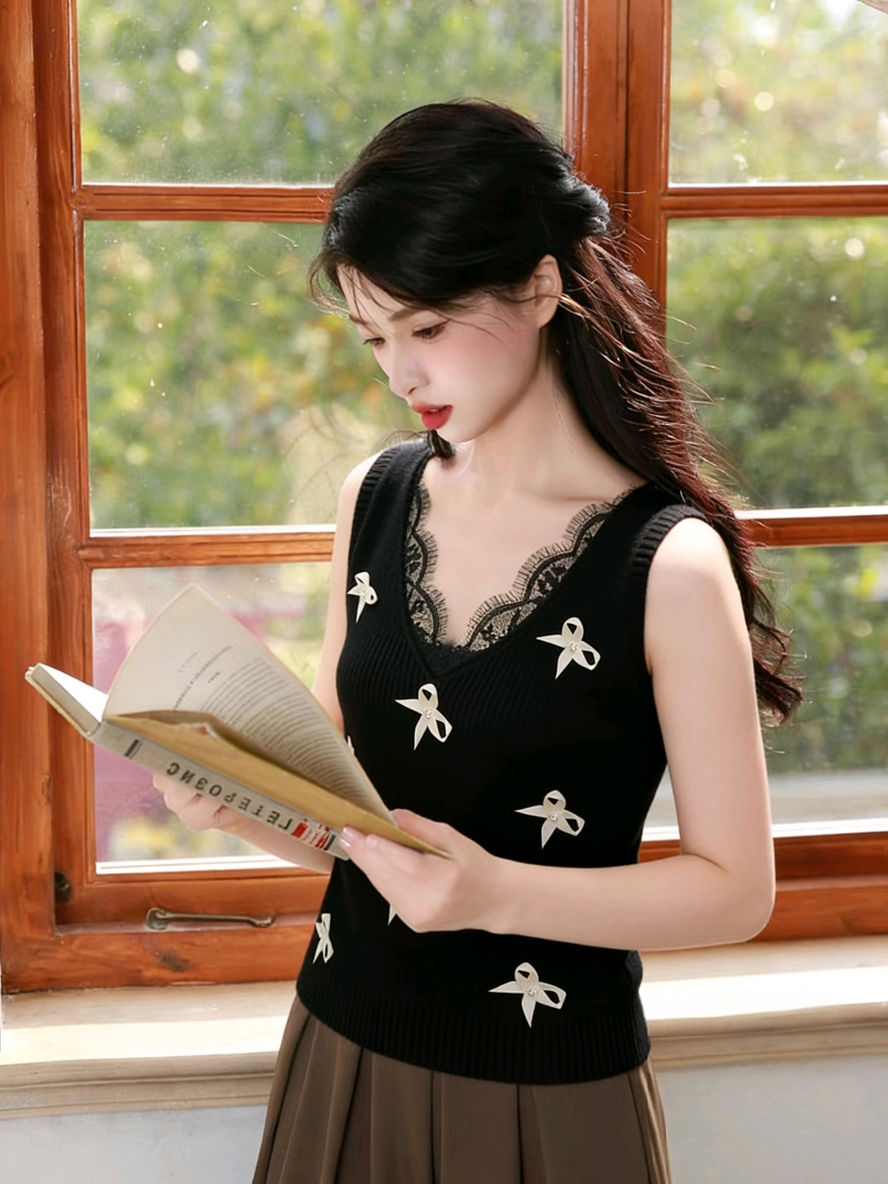 z 여름 새로운 달콤한 매운맛 바람 레이스 나비 매듭 장식 몸매 가꾸기 리브 민소매 캐미솔 티셔츠 여성