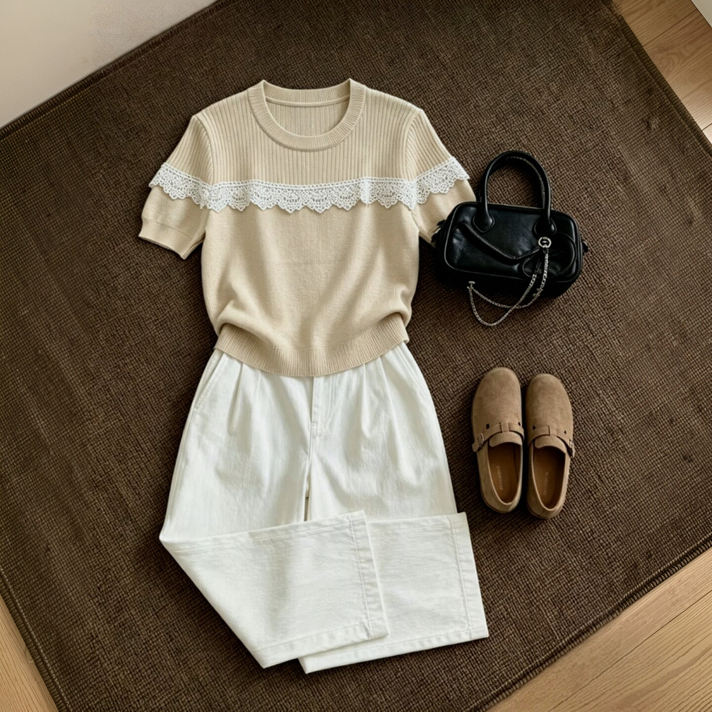 韩版撞色时尚蕾丝拼接针织衫女夏季新款软糯舒适日常短袖 服裝批發女裝批發服飾貨源