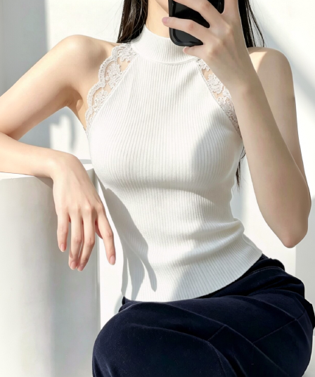 실사 한 부서 레이스 조각 민소매 행침 목 조끼 여성 여름 디자인 센스 몸매 가꾸기 슬림해 보이는 핫걸 백리스 외출용